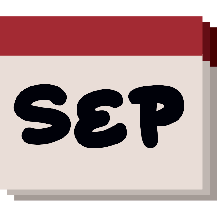 A simple, stylized representation of a calendar page. The main section of the calendar is a light gray square with the letters 'SEP' printed in large, bold, black font, indicating the month of September. Above this, there is a horizontal maroon header. Behind the front page, there are two additional pages slightly offset to the right and down.